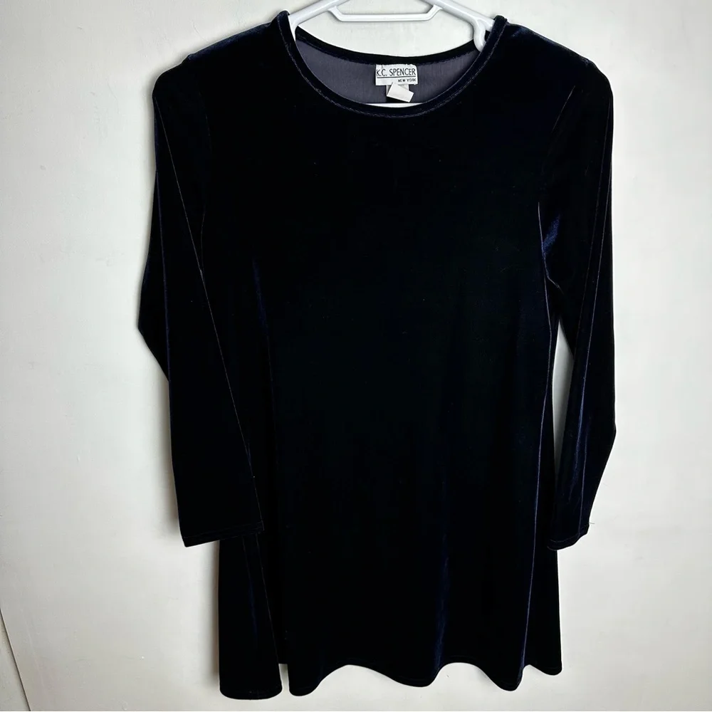 Vintage 90s Velvet Mini Dress Women's Size 14 Velour Long Sleeved Blue Black